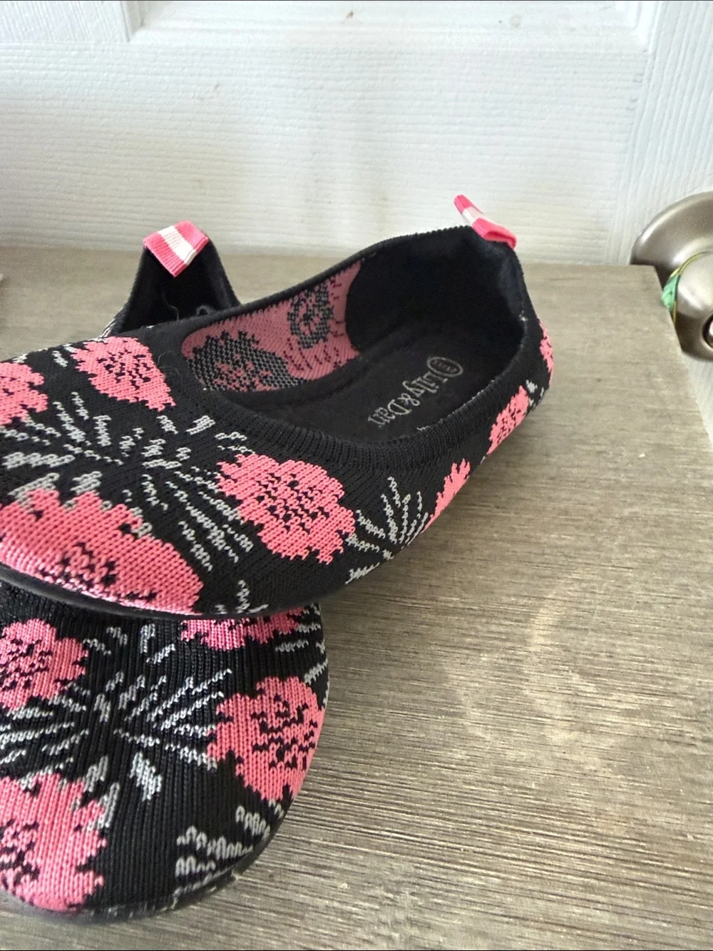 Lily & Dan Black Knit Ballet Flats with Pink Floral Pattern